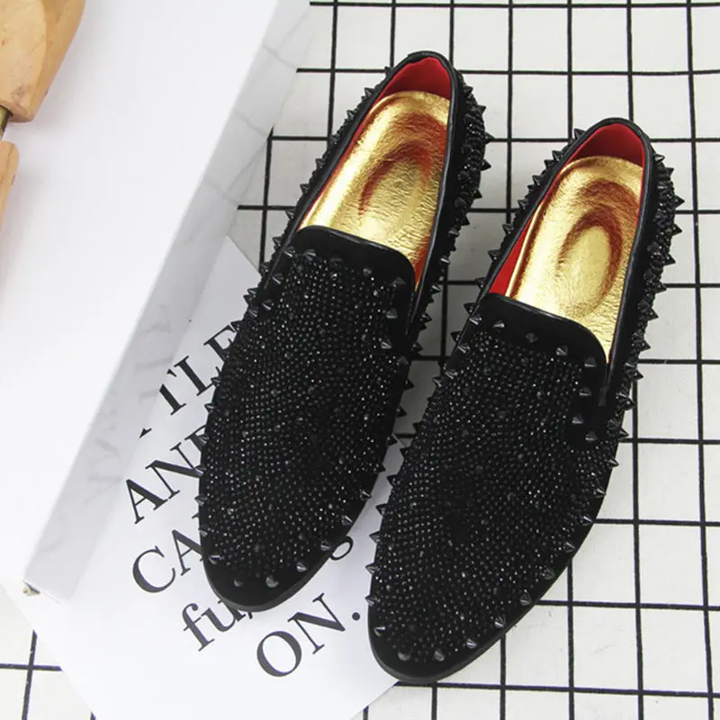 

Newest Fashion Men Handmade Studs Spike Shoes Black Glitter Diamond Loafers Runway Shining Rivets Party Wedding