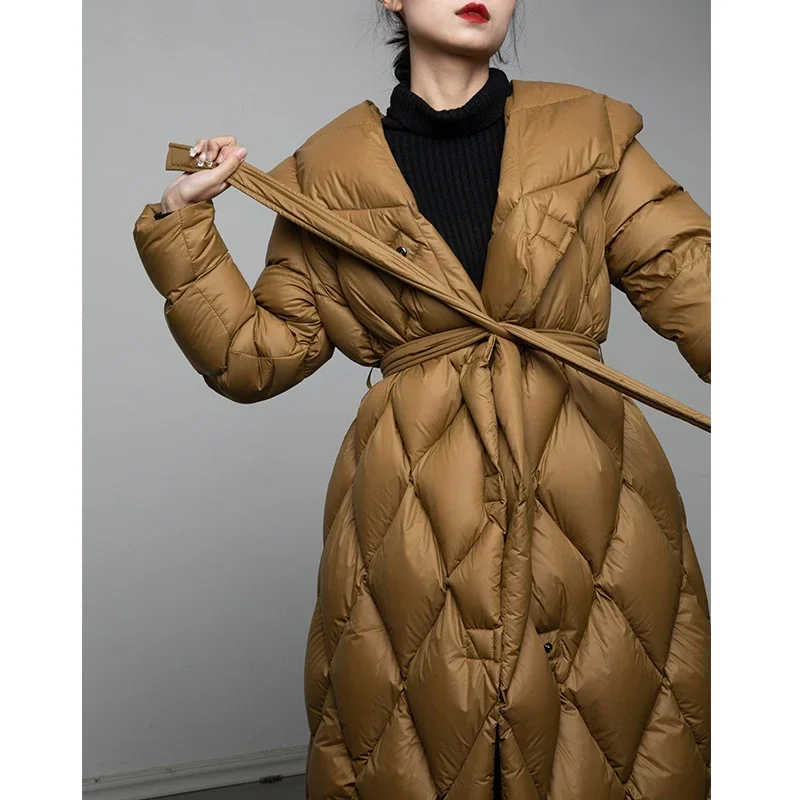 Женский длинный пуховик с капюшоном теплый гусиным пухом зима 2024