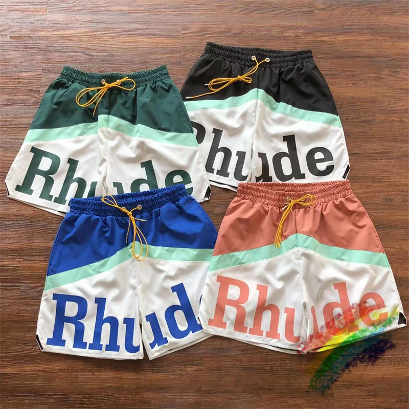 

2024ss Rhude Patchwork Shorts For Men Women High Quality Casual Green Black Blue Pink Drawstring Vintage Shorts