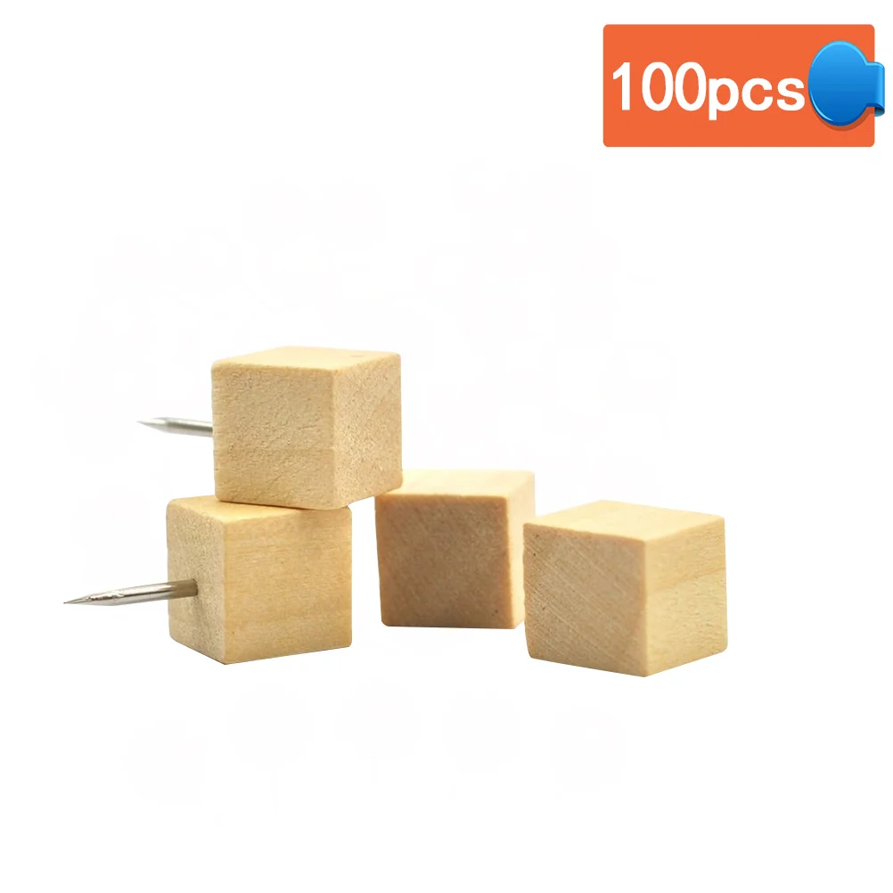 

100pcs Cubic Wood Push Wooden Thumb Tacks for Map Photos Calendar Decorative DIY Tool for School Home and Office Use