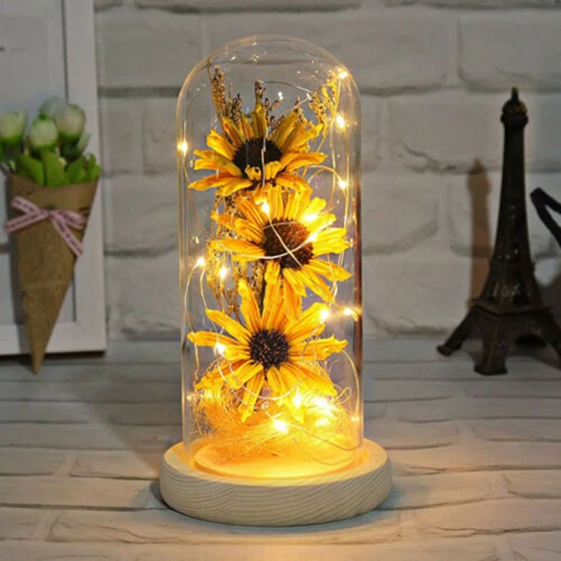 

Imitation Sunflowers in Glass Dome with LED Strips Valentine's Day Gift Decoration