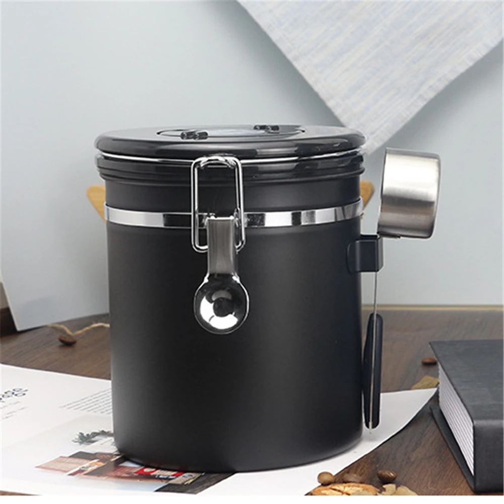 

1.5L Coffee Bean Sealed Tank Stainless Steel Airtight Coffee Bean Canister with Scoop Black Sealed Storage Jar for Tea Nut Snack