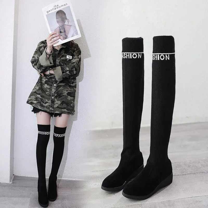 

wholesale new womens over the knee sock boots ladies letter boots wedges boots