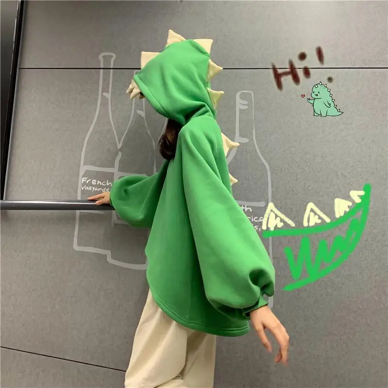

Harajuku Clothes Sweatshirt Y2k Hooded Long Sleeve Pullovers Korean Fleece Thick Oversize Women Green Tops Dinosaur Sudaderas