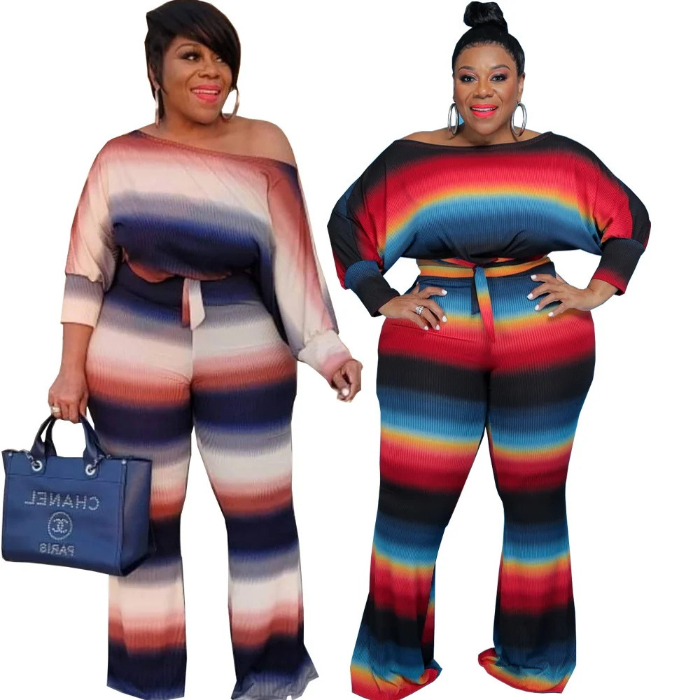 Plus Size Fall Clothing Two Piece Set Women Stripe Crop Bandge Top Elastic Waist Wide Leg Pants Sets Wholesal 3xl 4xl 5xl 6xl