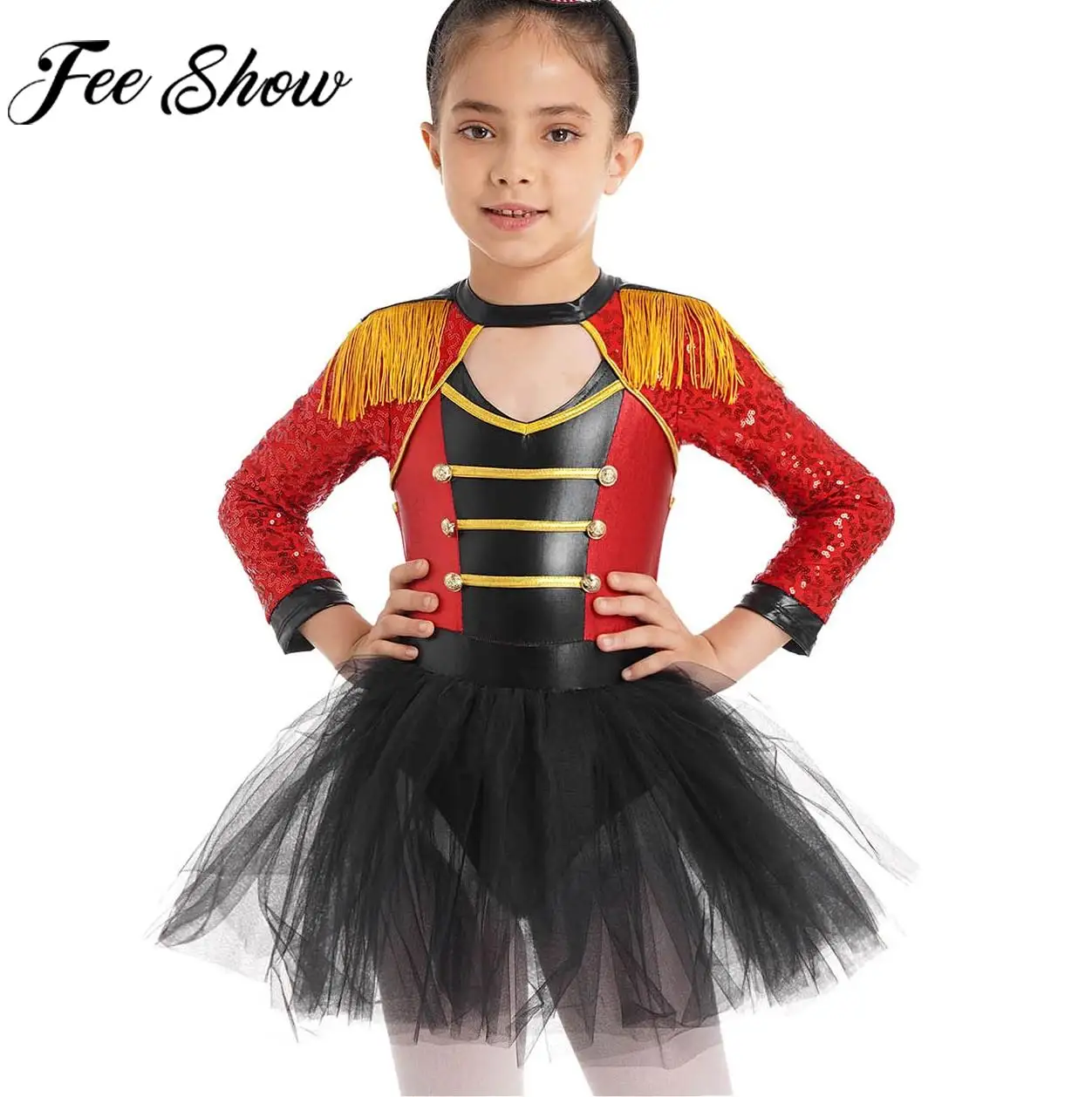 

Kids Girls Circus Magician Cosplay Dress Long Sleeve Sequin Tassel Leotard Tutu for Halloween Theme Party Carnivals Performance