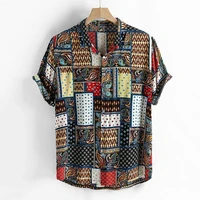 summer new mens retro ethnic print shirt loose stand up collar casual shirt daily wear office large single breasted shirt