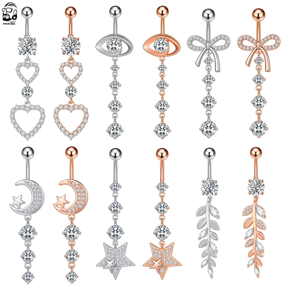 Кольцо для пупка из нержавеющей стали, пикантное Ювелирное Украшение с подвеской в виде сердца, кристалла, Луны, звезды, пупка, 14 г, 1 шт.