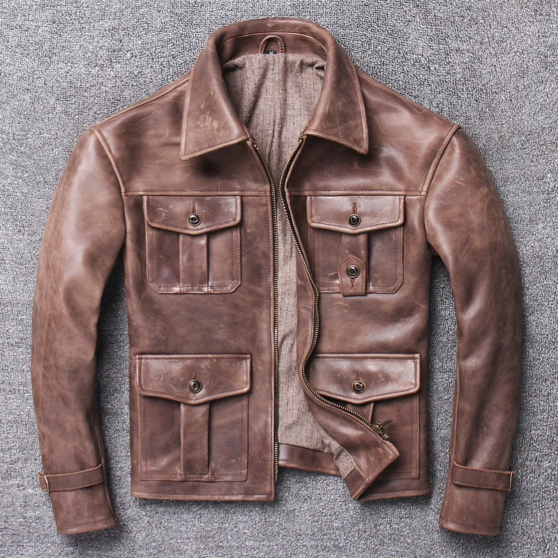 

Leather 100% Real 2023 Men's Jacket Italy Calf Vintage Motorcycle Biker Classic Single Breasted Strong Coat