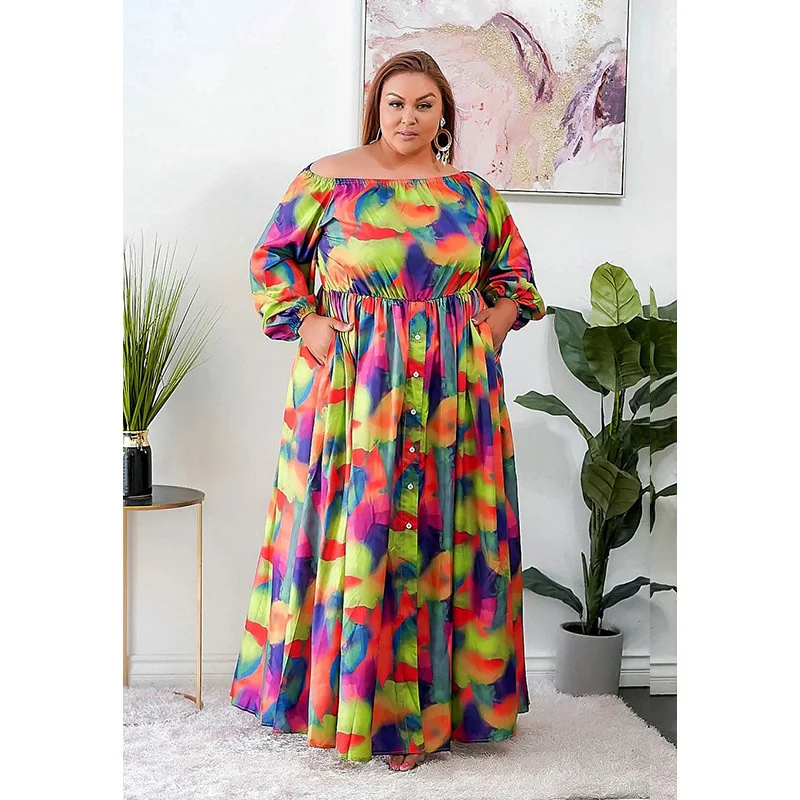Plus Size Large Women's Dress New Slash Neck Oversize Dress Temperament Print Fashion Button Loose Swing Long Sleeve Dresses