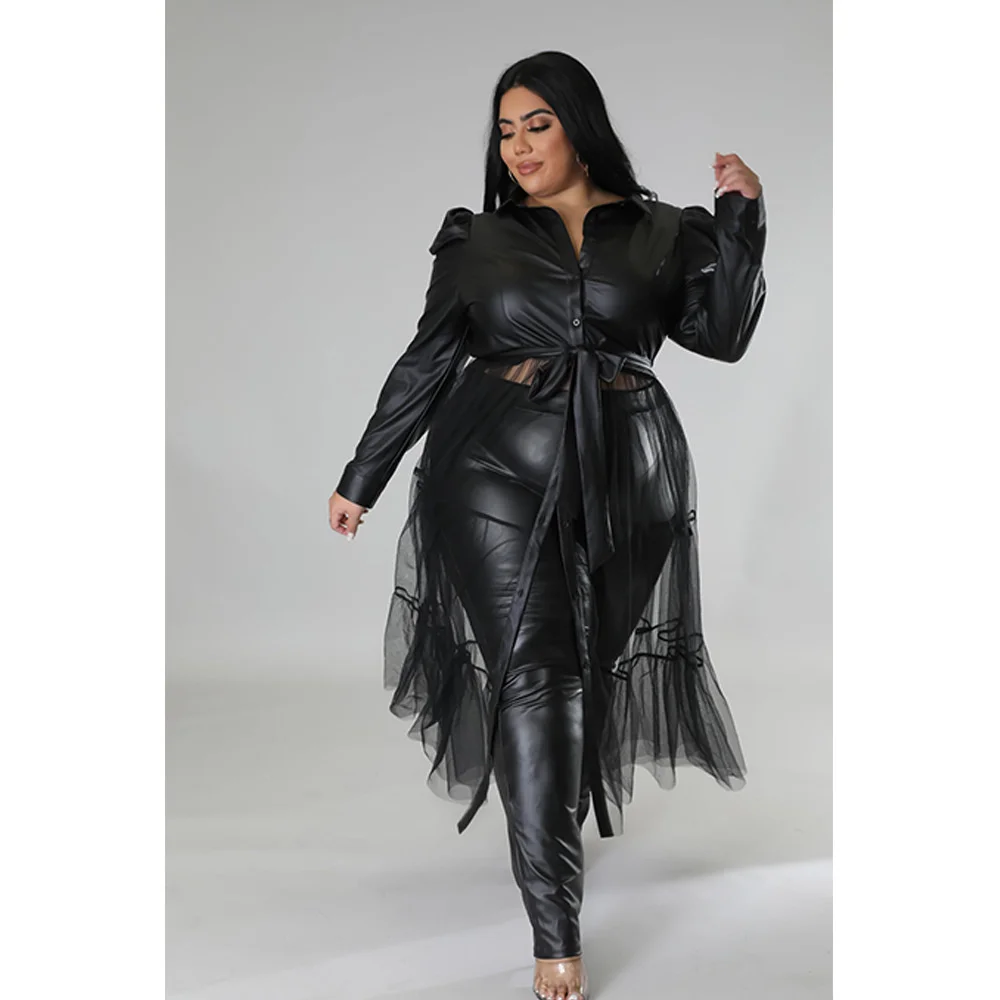 Plus Size Leather and Mesh Patchwork Sexy Shirt Dress Big Size Long Sleeves Turn Down Fashion Button-up Casual 3xl 4xl 5xl 6xl