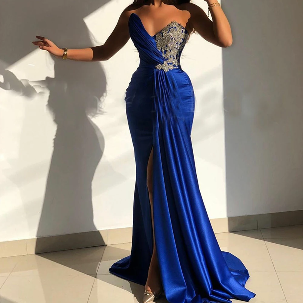 

High Quality Evening Dress Sleeveless V-Neck Lace Applique Prom Dress Side Split Trumpet Sweep Train Satin Robes De Soirée