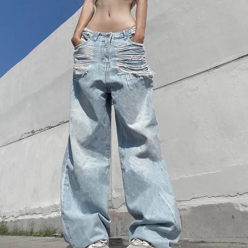 

Broken Jeans With Holes Women 2023 Y2k Fashion Light Blue Denim Trousers Low Waist Ladies Casual Bottoms Streetwear Outfit S/M/L