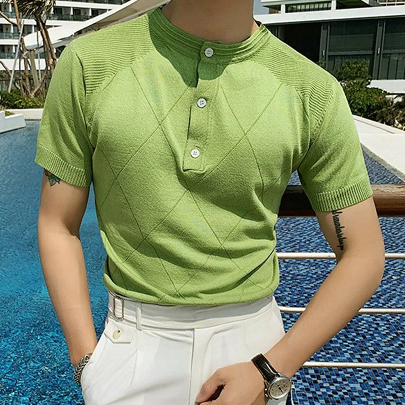 

New men's clothing Summer Knitted Polo Shirt Top O-neck Slim slim Breathable Business Casual Fashion Men's knitted T-shirt S-3XL