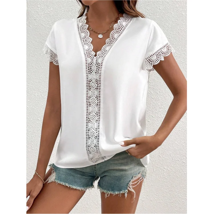 

Women's Lace Solid V-Neck Short Sleeve Casual T-shirt Undercoat New Small Sexy Shirts For Women Tees Top