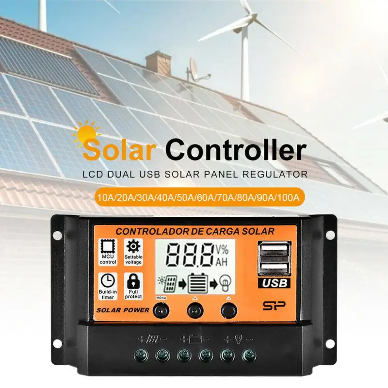 

100A/50A/40A/30A/20A/10A 12V 24V Auto Solar Charge Controller MPPT/PWM Controllers LCD Dual USB Output Solar Panel PV Regulator