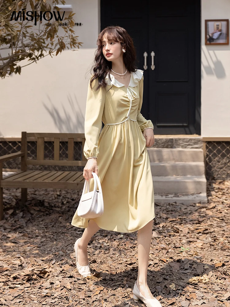 

MISHOW, французские платья для женщин, осень 2022, мода, гофрированный воротник, высокая талия, длинные рукава, Vestidos, женская одежда, MXB27L1120