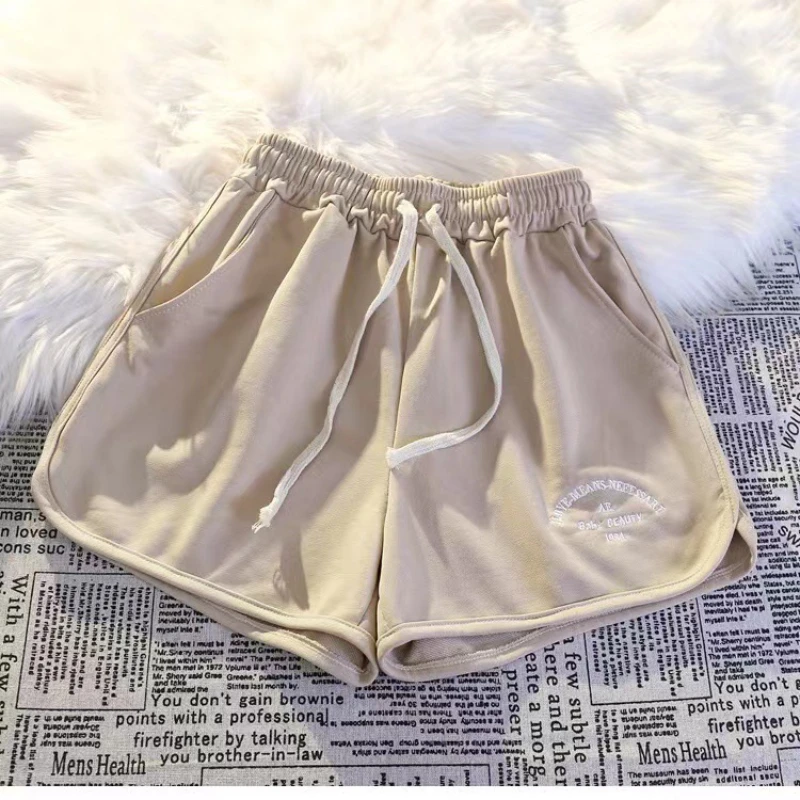 Women Shorts Letter Embroidery Korean Shorts Elastic Waist Loose Casual Sport Shorts Outerwear Wide Leg Pants Female Bottoms2023