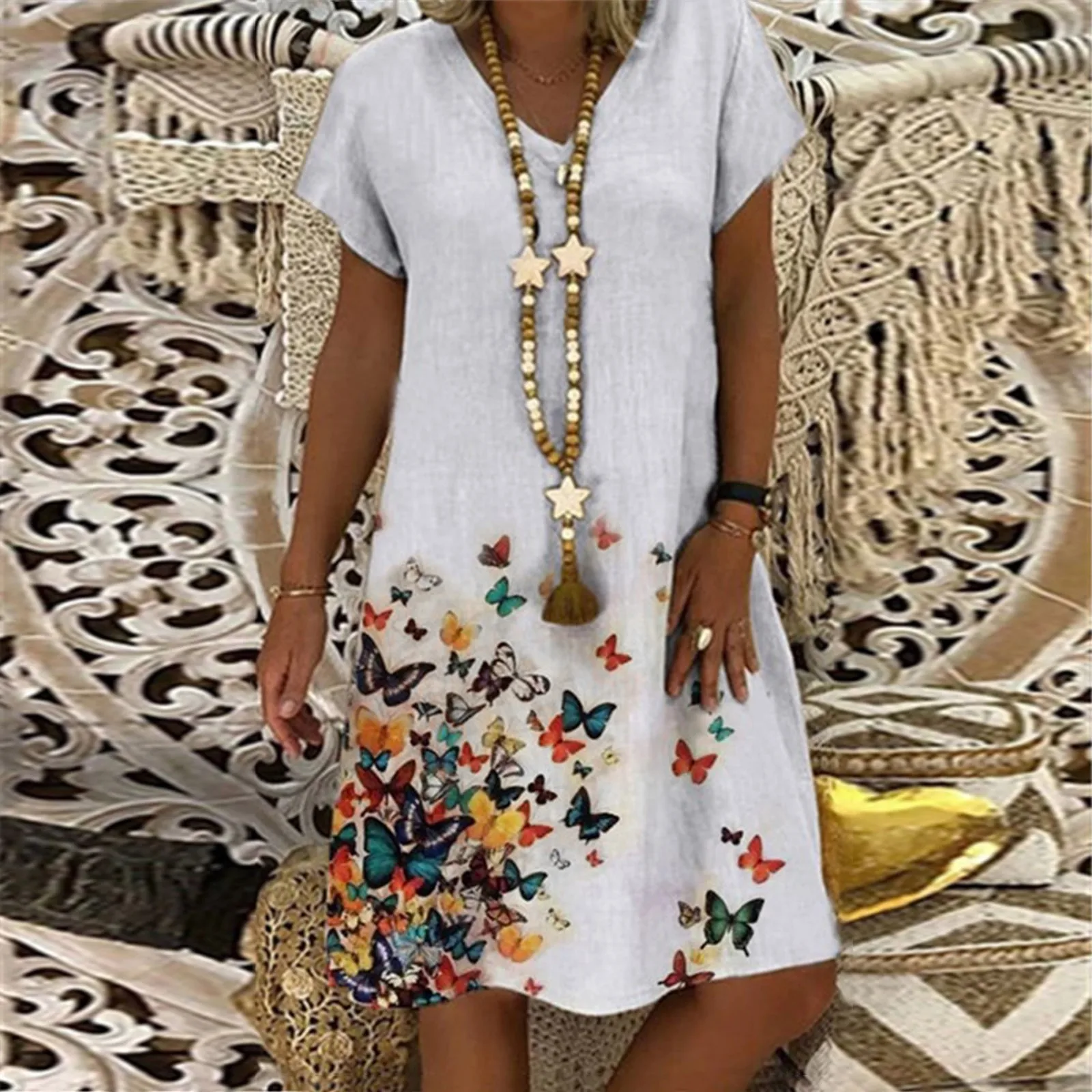 

Женское винтажное платье в стиле бохо, свободное пляжное мини-платье с цветочным принтом и коротким рукавом, праздничный сарафан в стиле ре...