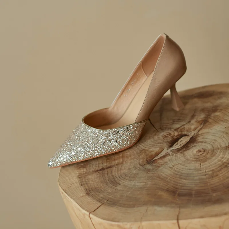 

Женские туфли на шпильке, туфли с закрытым носком и блестками на высоком каблуке, свадебные туфли, размеры 34-39, для осени