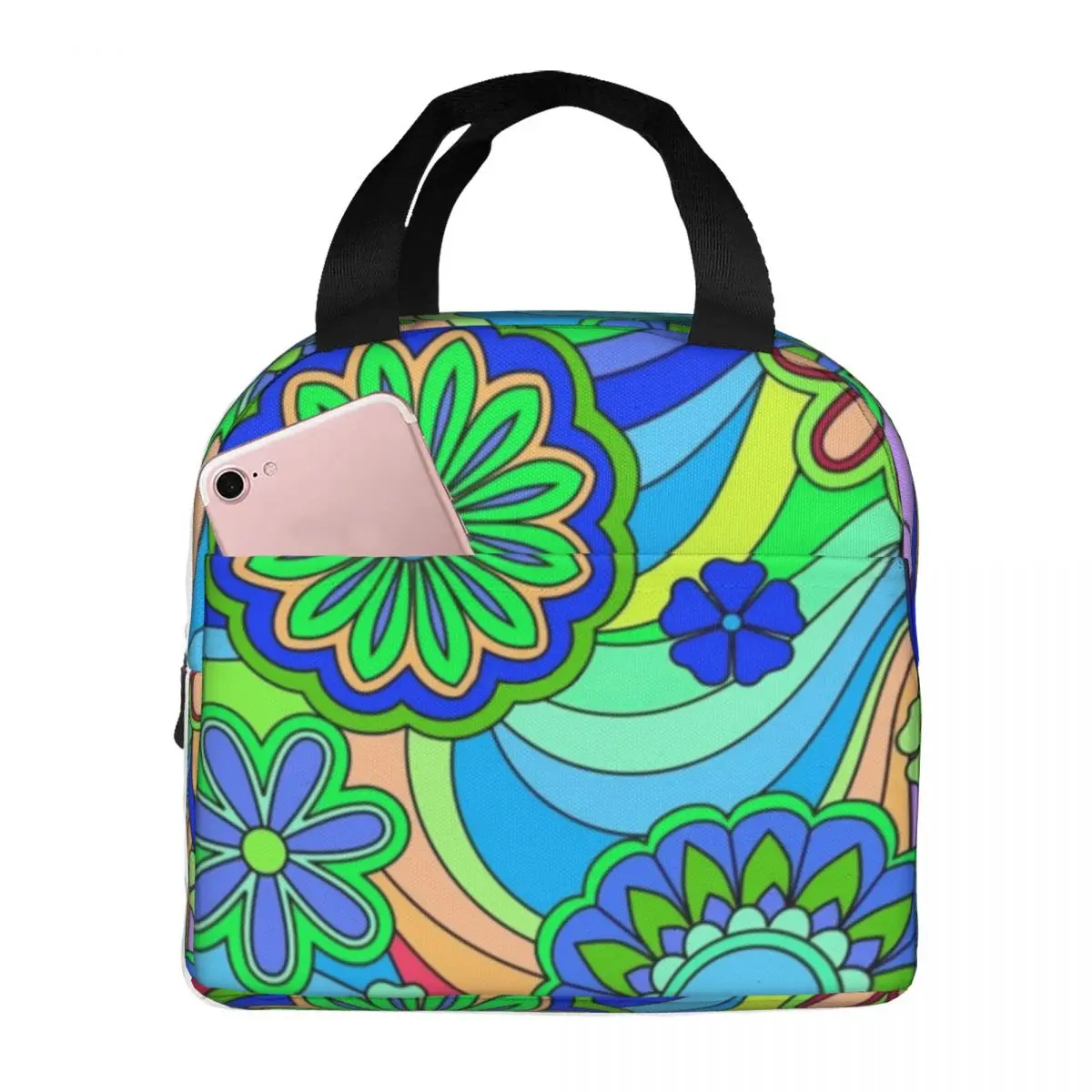 

Hippy Trippy Flower Power Lunch Bag with Handle Retro Daisy Print Aluminum Cooler Bag Fashion Beautiful Zipper Work Thermal Bag