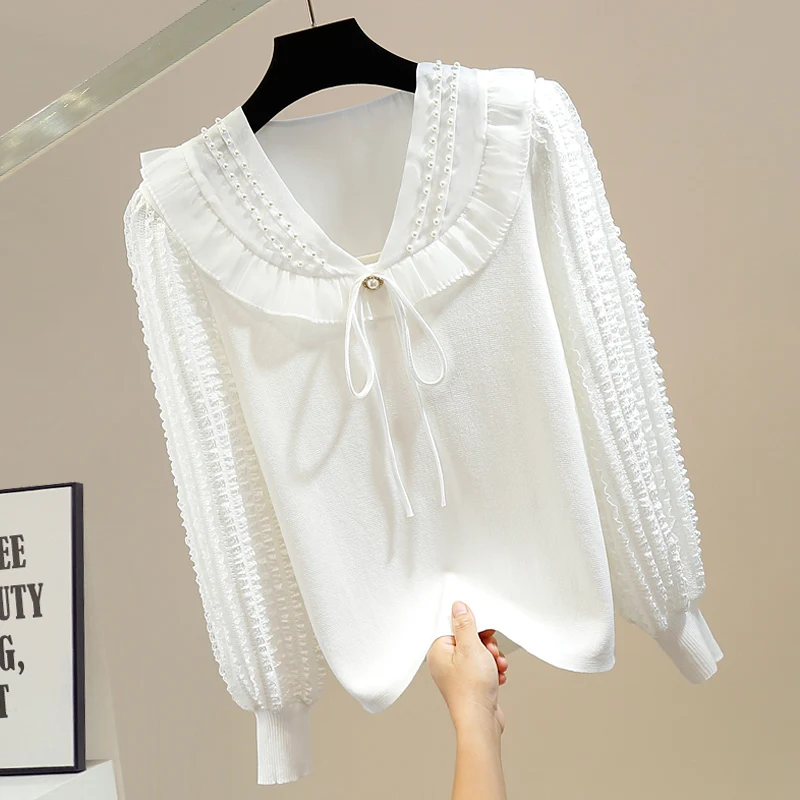 

2022 New Fall Witner Knitted Shirt for Women Elegant Female Bead Pullovers Tops White/black Sweaters Girls Long Sleeve Sweaters