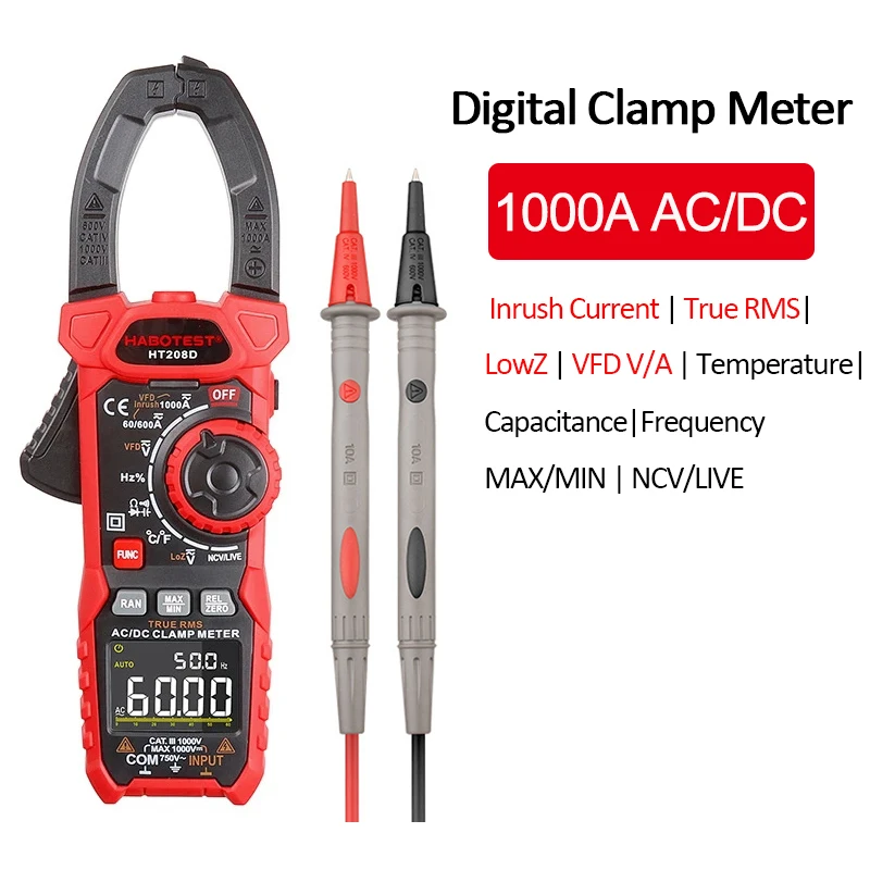 HT208A/208D Digital Clamp Meter 1000A 1000V AC DC Current Clamp True RMS Pliers Ammeter Voltmeter VFD REL Ohm Capacitor Tester