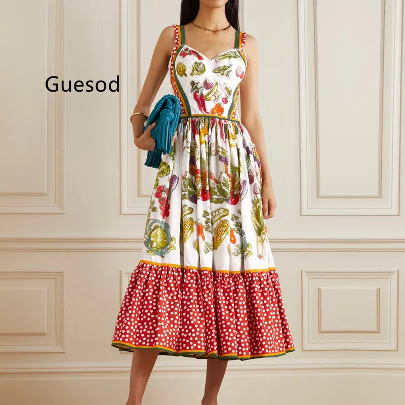 

Women Long Dress Countryside Hand-Paint Vegetable Print Poplin Fairy Spaghetti Strap Long Dress 2022 Summer Strapless Dress New