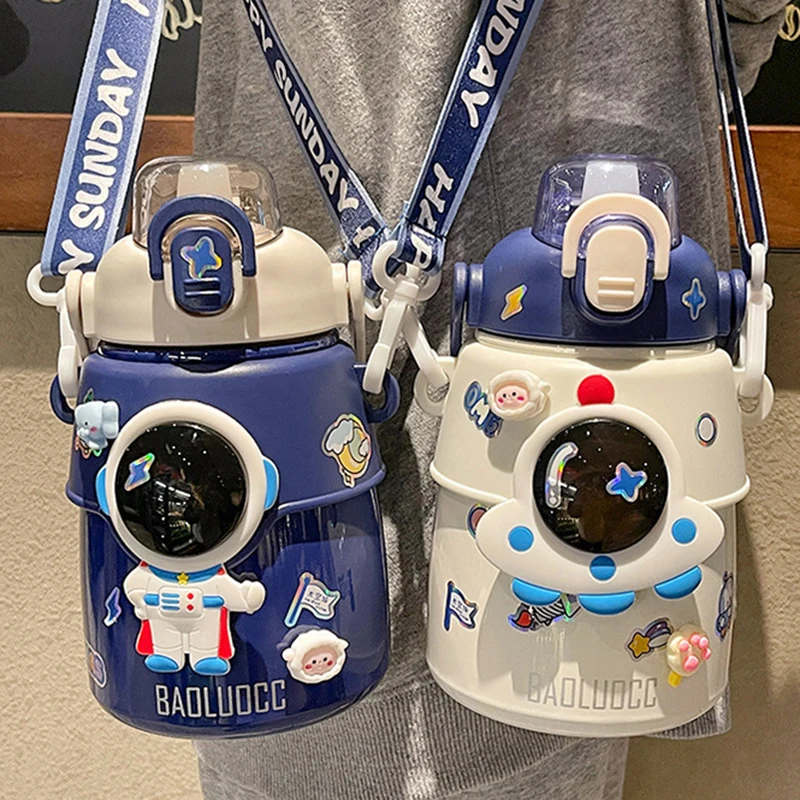 Cute Astronaut Children Insulation Cup 316 Stainless Steel Straw Thermos Water Bottle For School Boys Girl Outdoor Big Belly Cup