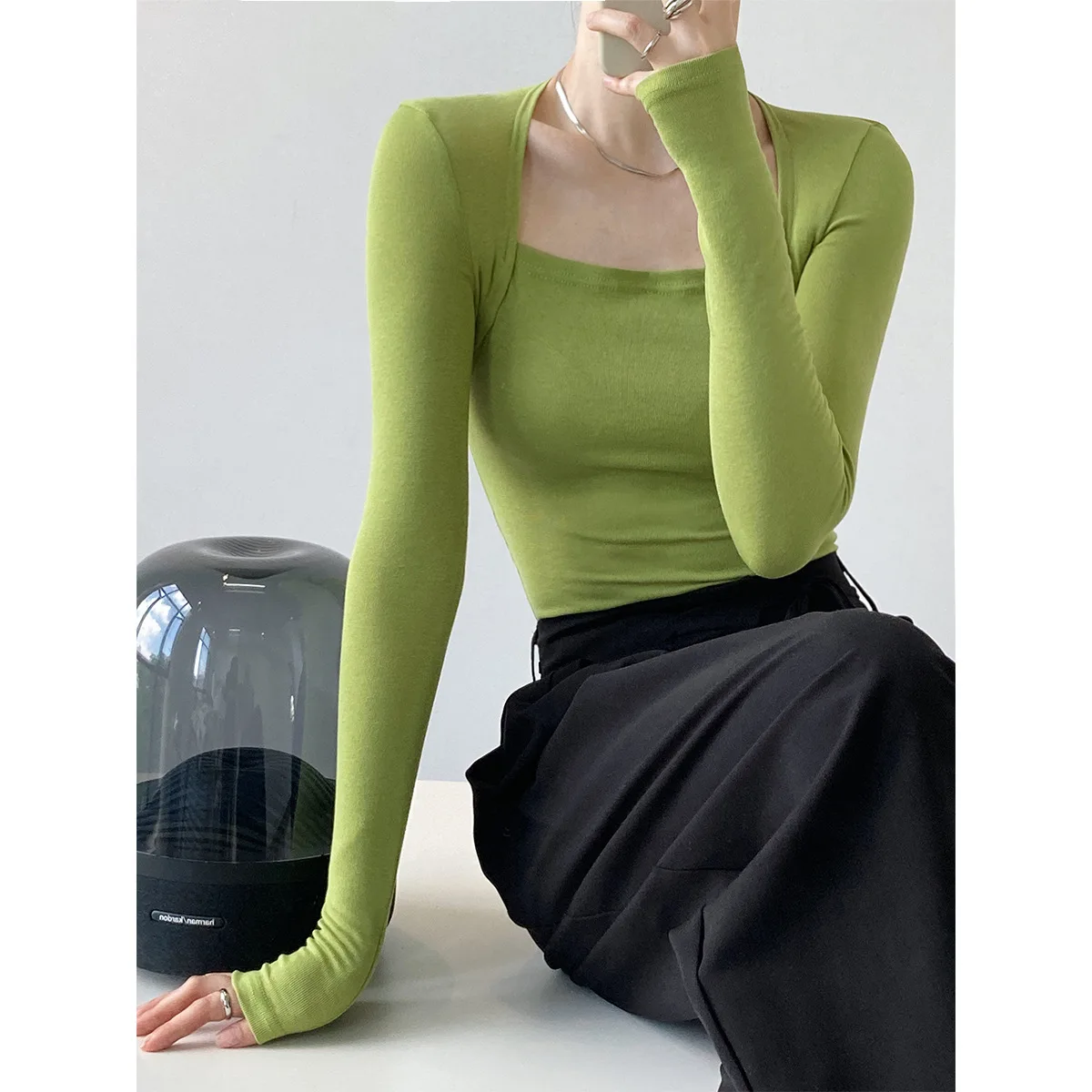 French gentle long-sleeved square-neck t-shirt women's slim fake two-piece top autumn solid color bottoming shirt
