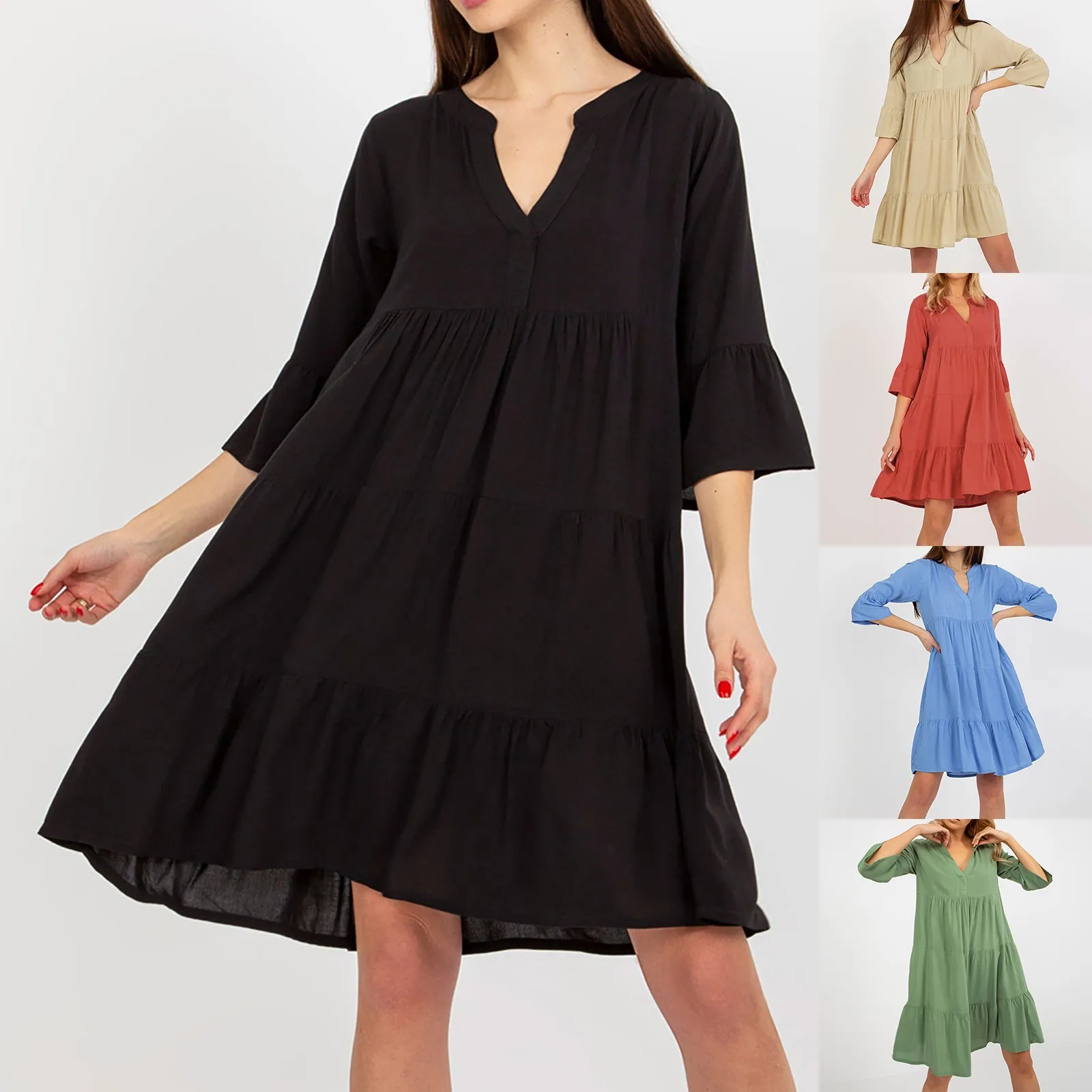 

Women Solid Color V Neck Long Sleeve Casual Shirt Dress Beach Holiday Long Sleeve Dress for Women Summer Tie Waist Midi Dress