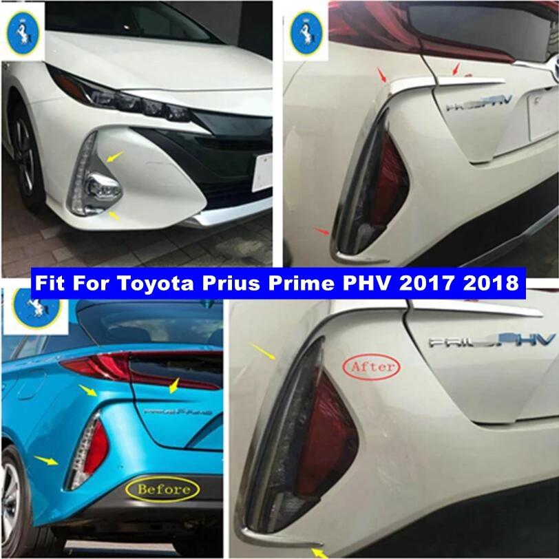 Chrome Front + Rear Bumper Fog Lights Lamps Decor Frame Cover Trim Fit For Toyota Prius Prime PHV 2017 2018 Exterior Accessories