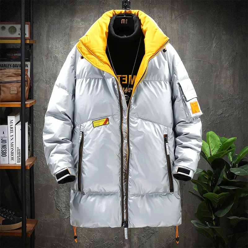 Зима 2024 Новинка 90% белый пуховик мужской модный стоячий воротник средней длины Повседневный глянцевый пуховик Прямая поставка