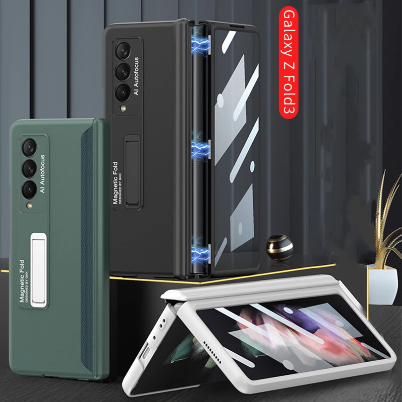 

Front Glass 360 Full Protection Case for Samsung Galaxy Z Fold 3 5G Cover Magnetic Hinge Hard Plastic Kickstand Case Capa Funda