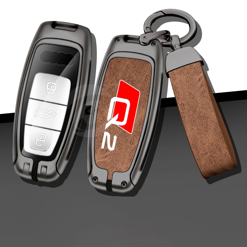

New Zinc Alloy Leather Car Key Case Cover For Audi Q2 Emblem Accessories Holder Protector Keyless Keybag Keychain Keyring