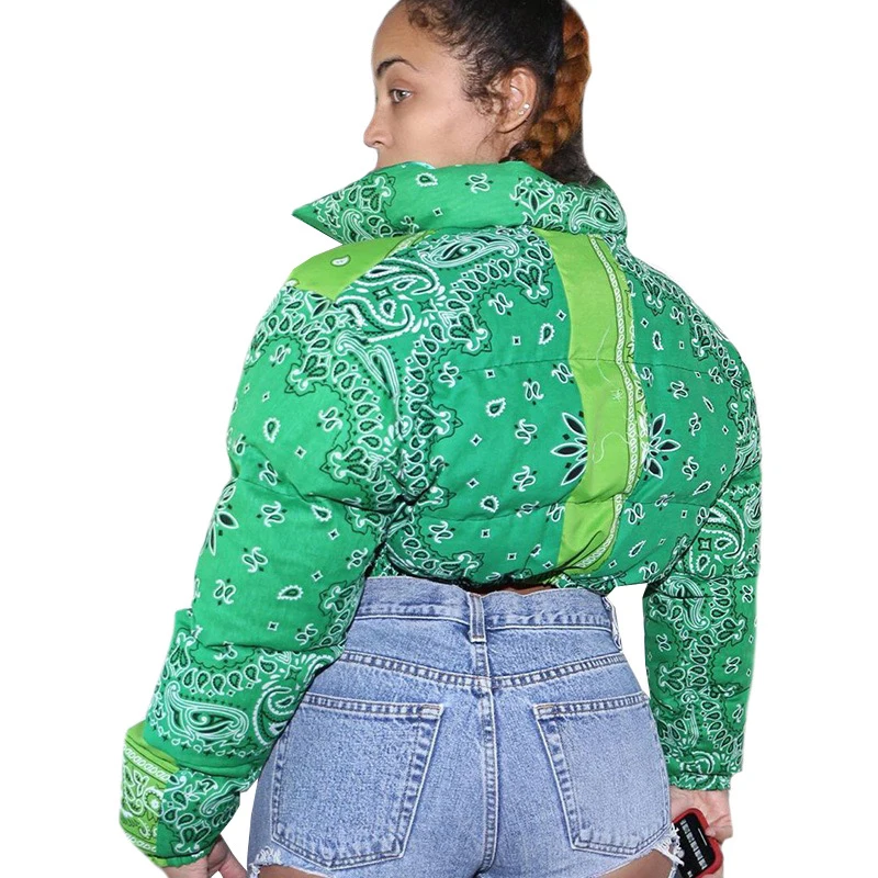 Women 2021 Winter Fashion Warm Parkas Casual Zipper Up Puffer Outerwear Bandana Coats Floral Printed Bubble Jackets for Female