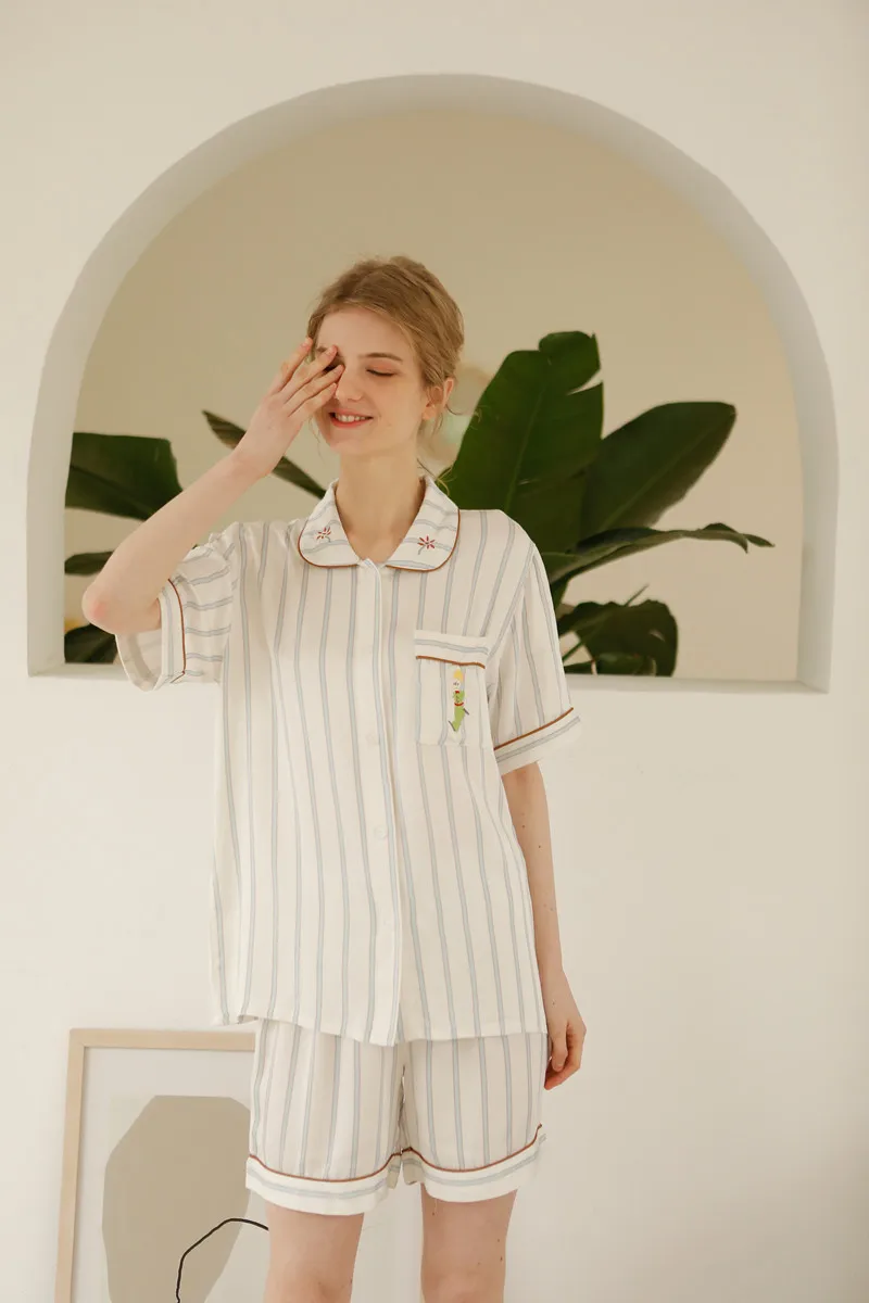 Sleepwear Women Set Summer Fashion Stripe Little Prince Print Pocket Short-sleeved Lapel Cardigan Shorts Loungewear Woman Pijama