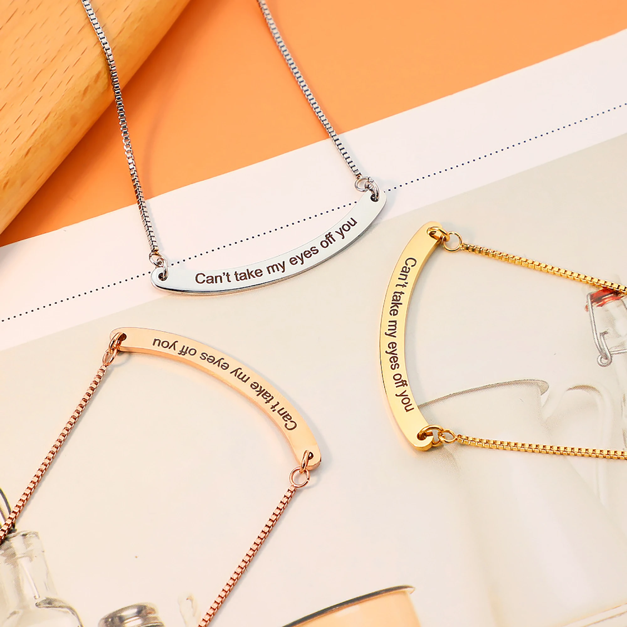 Ожерелье из нержавеющей стали без Лариата с именем на заказ, геометрическое плавающее ожерелье, ювелирные изделия, цепочка золотого цвета, изогнутая планка на шею