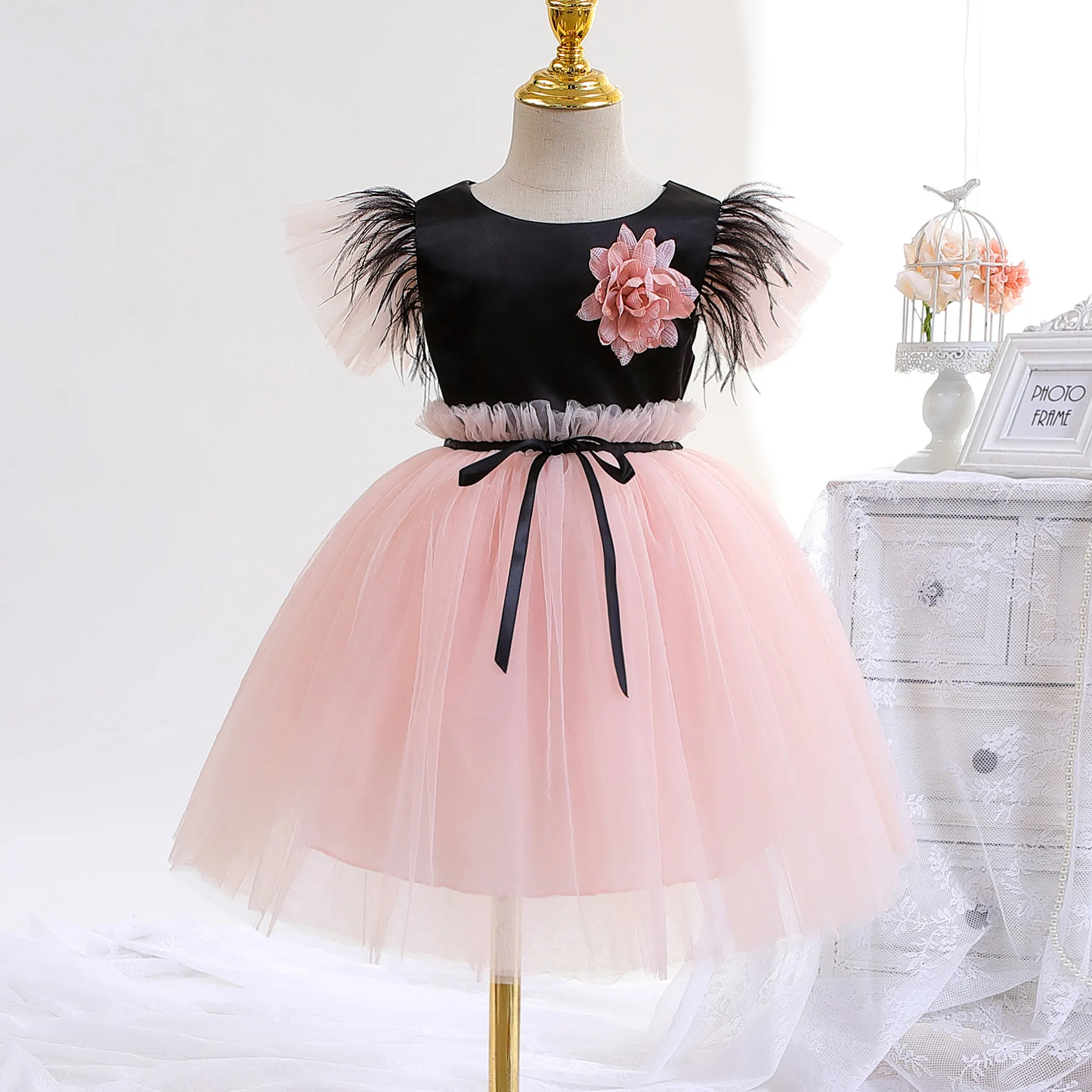 

KEAIYOUHUO Dress For Young Girls Elegant Feather Birthday Party Tulle Dresses Children's Flower Prom Costume Vestidos 3-10 Year