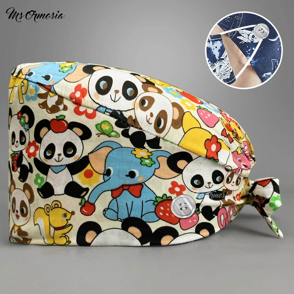 

100% Cotton Cartoon Print Flower Nursing Cap Ladies Dentist Cap Pet Clinic Nurse Cap Laboratory Scrub Cap Beautician Accessories