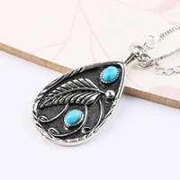 vintage leaf stone pendant necklaces for couple bohemia jewelry water drop feather womens necklace unisex jewelry
