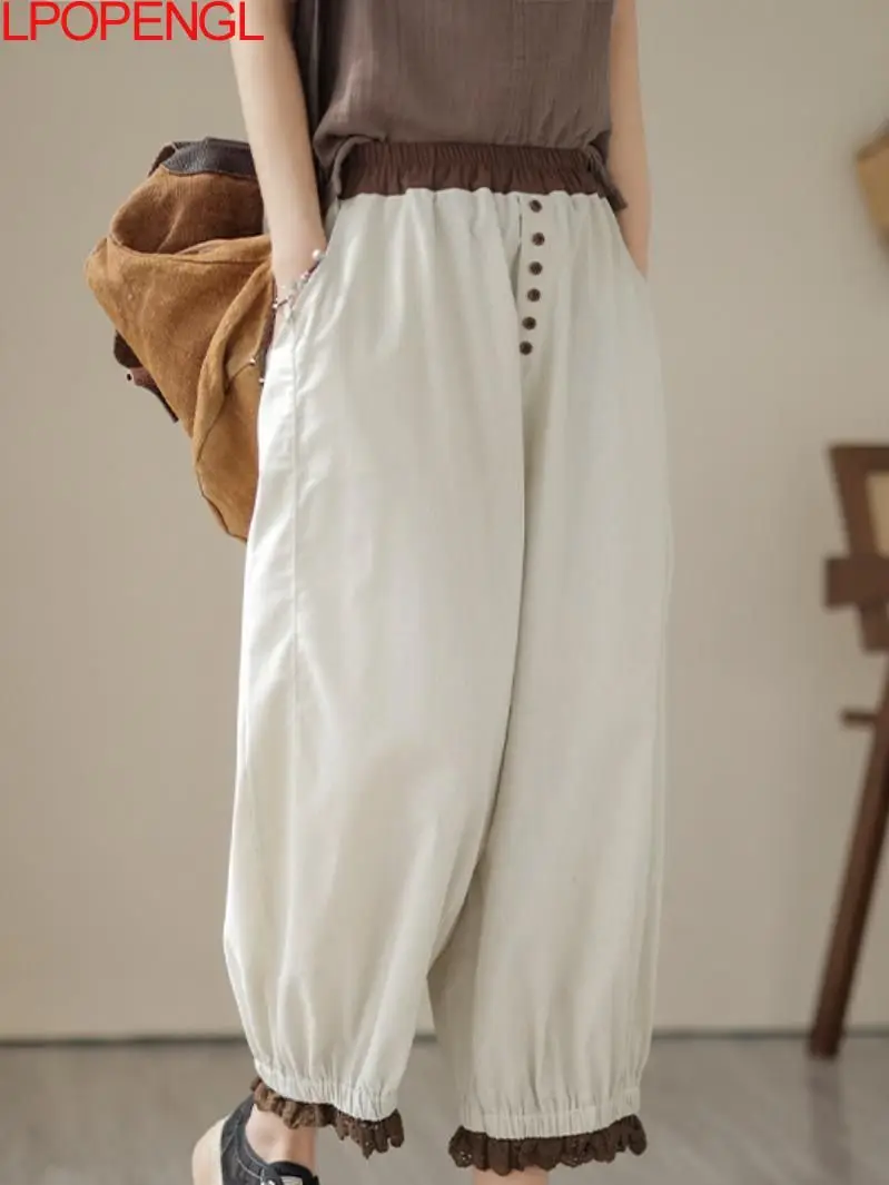 

Женские лоскутные брюки до щиколотки с эластичным поясом, повседневные винтажные шаровары с широкими штанинами и кружевом, весна-лето 2023