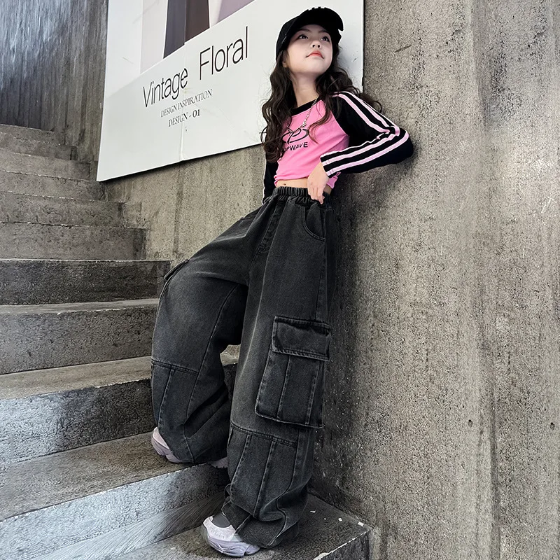 Джинсы для девочек с несколькими карманами на возраст 6 8 10 12 14 лет весна-осень