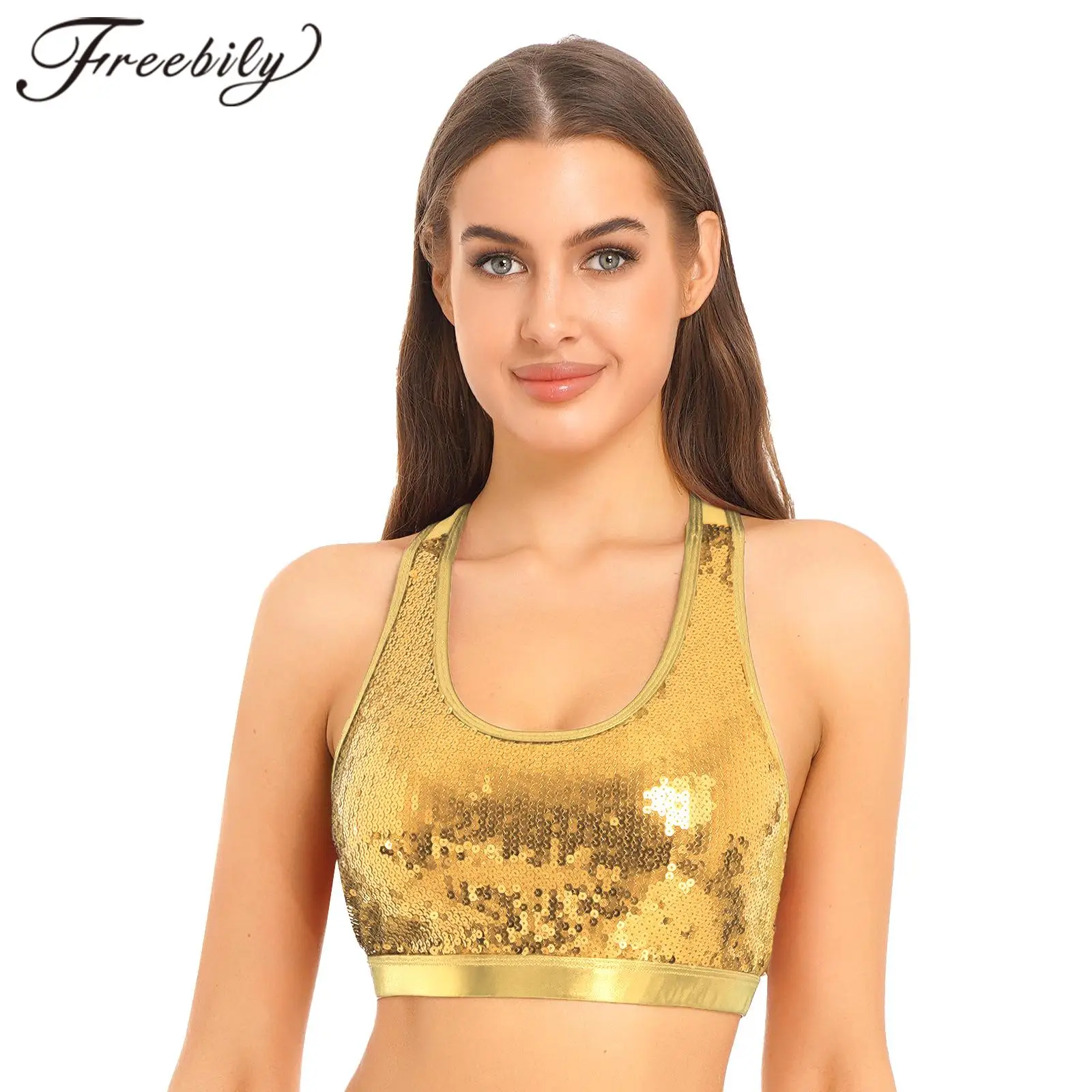 

Women Sparkling Sequin Tank Top Pole Dancing Costume Dancewear Sheer Mesh Sleeveless Vest Crop Top for Femme Club Dance Clubwear