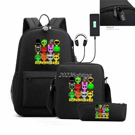 3Pcs New Sprunki Anime Print Backpack Set With Tote and Shoulder Bags Large Capacity Lightweight And Breathable Outdoor Mochila