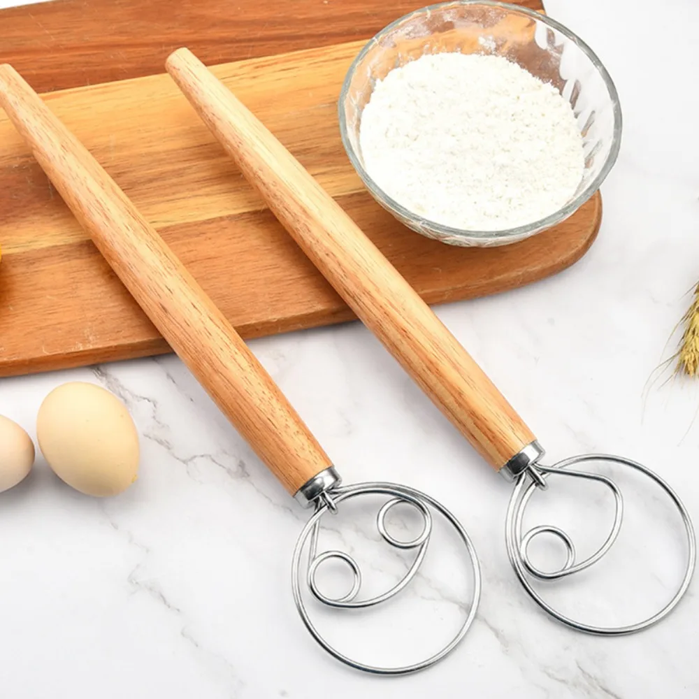 High Quality Wooden Dough Whisk Household Kitchen Practical Egg Beater Circle Pastry Blender Oak Handle For Making Bread Cake