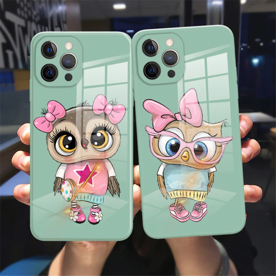 

Couples Cartoon The owl liquid Glass Phone Cases For iPhone 12 13 Mini 11 12 13 Pro XR Xs Max 7 8 Plus Lovely Cyan Back Cover