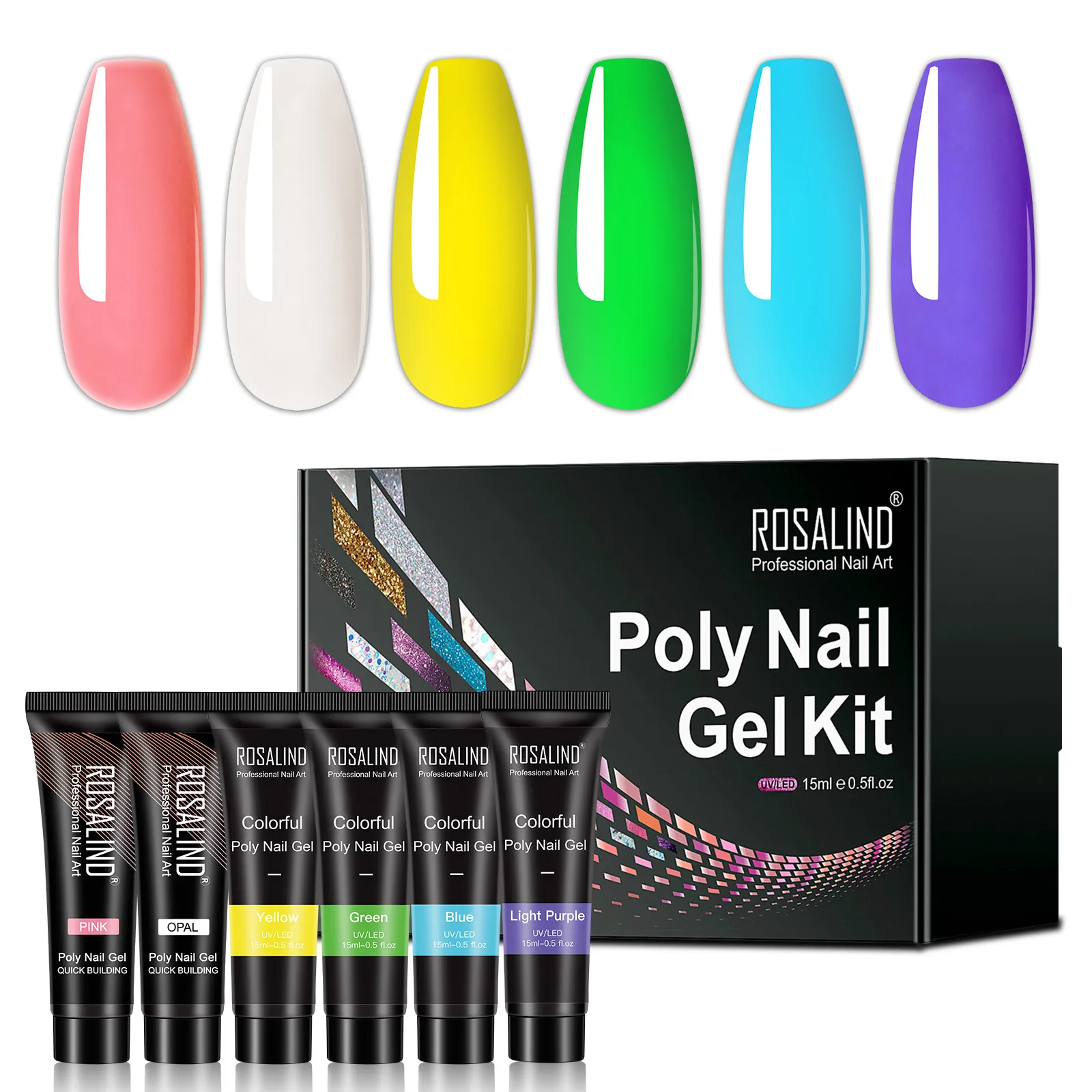 

ROSALIND Poly Extension Nail Set Need UV LED Lamp Dryer 6pcs Kit For Nail Art Design Bliding Gel Nail Polish