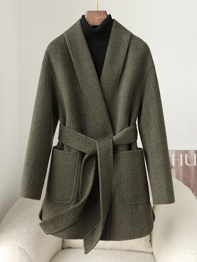 Военное зеленое миниатюрное пальто 2024 осенне-зимнее новое двустороннее