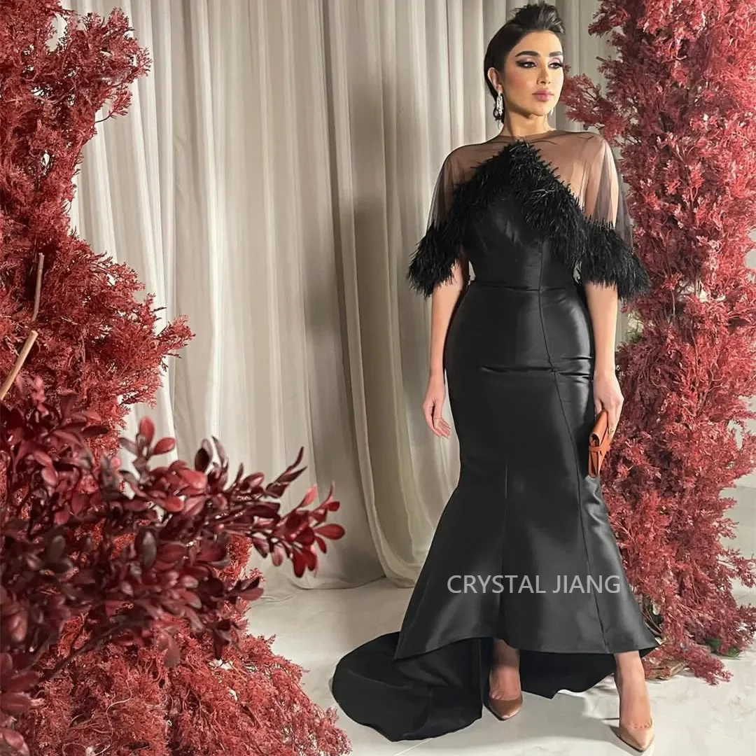 

Vintage Long V Neck Satin Evening Dresses Half Sleeves with Feathers Mermaid Sheath Sweep Train Arabic Evening Dress